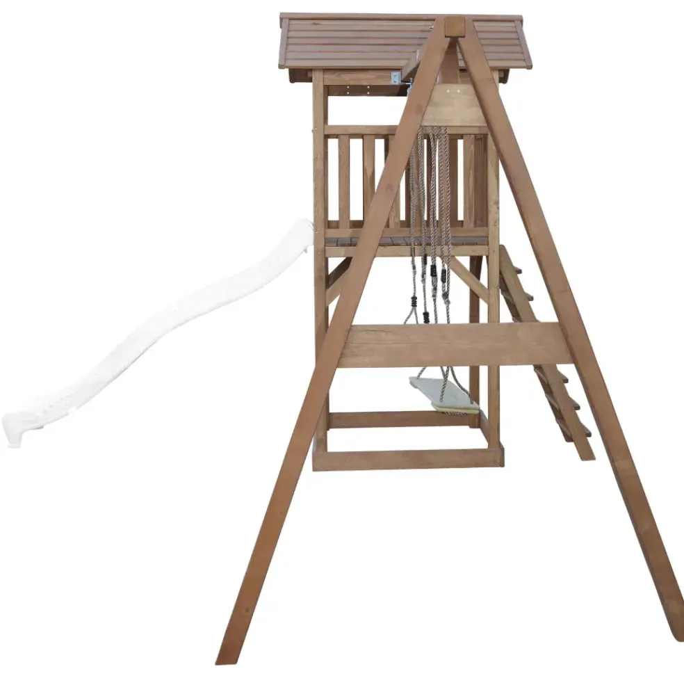 Aire de jeux en bois marron avec 2 balançoires et toboggan bleu Beach Tower Axi