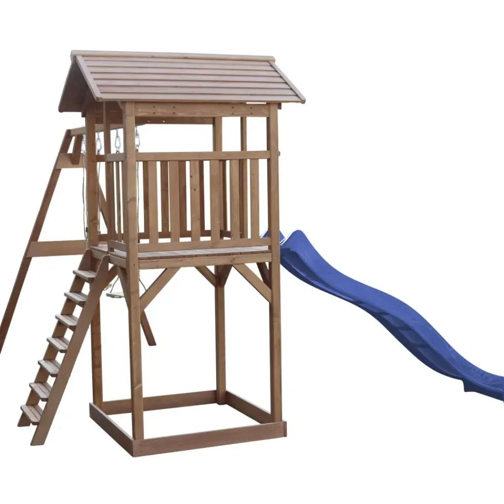 Aire de jeux en bois marron avec 2 balançoires et toboggan bleu Beach Tower Axi