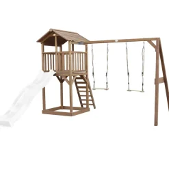 Aire de jeux en bois marron avec 2 balançoires et toboggan bleu Beach Tower Axi