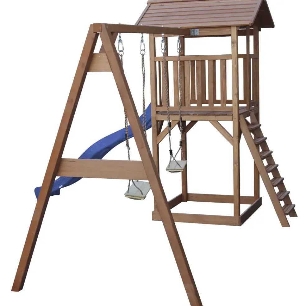 Aire de jeux en bois marron avec 2 balançoires et toboggan bleu Beach Tower Axi