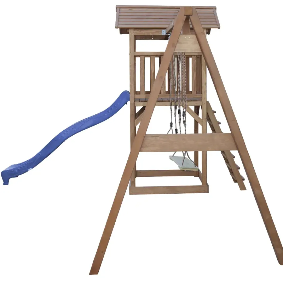 Aire de jeux en bois marron avec 2 balançoires et toboggan bleu Beach Tower Axi