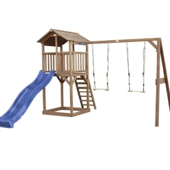 Aire de jeux en bois marron avec 2 balançoires et toboggan bleu Beach Tower Axi