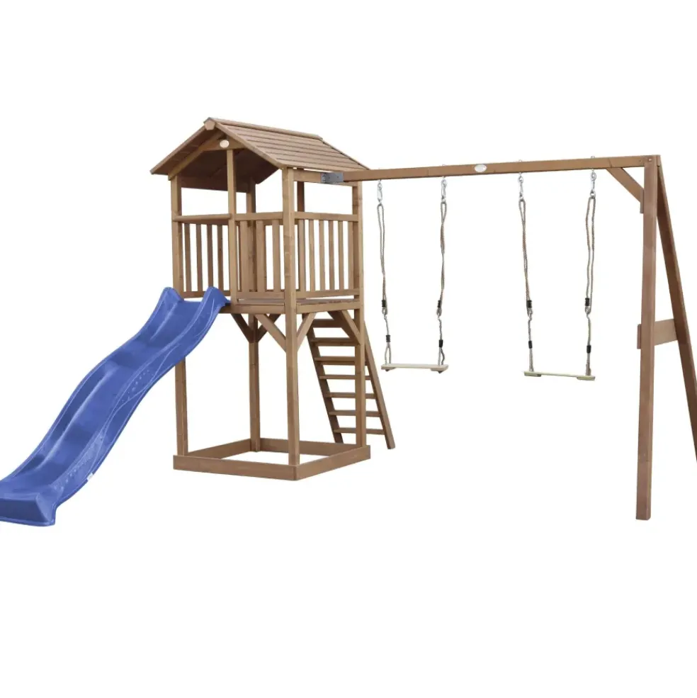 Aire de jeux en bois marron avec 2 balançoires et toboggan bleu Beach Tower Axi
