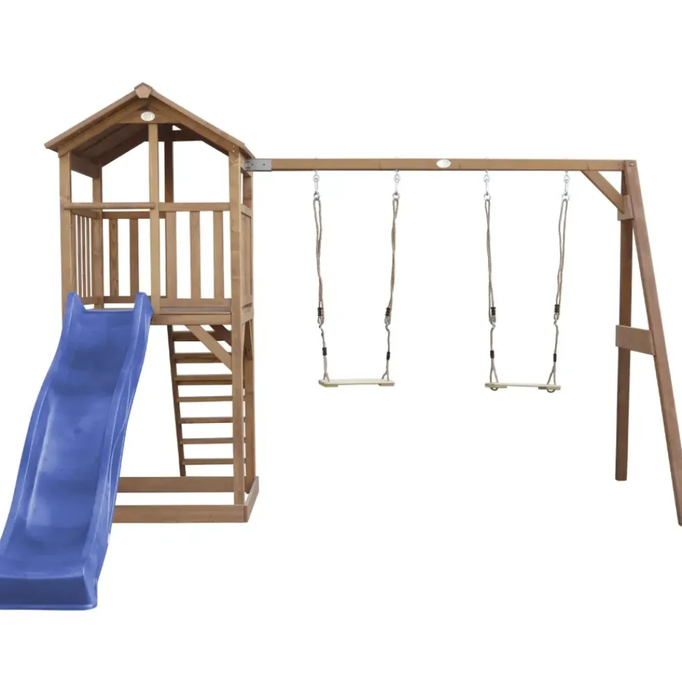 Aire de jeux en bois marron avec 2 balançoires et toboggan bleu Beach Tower Axi