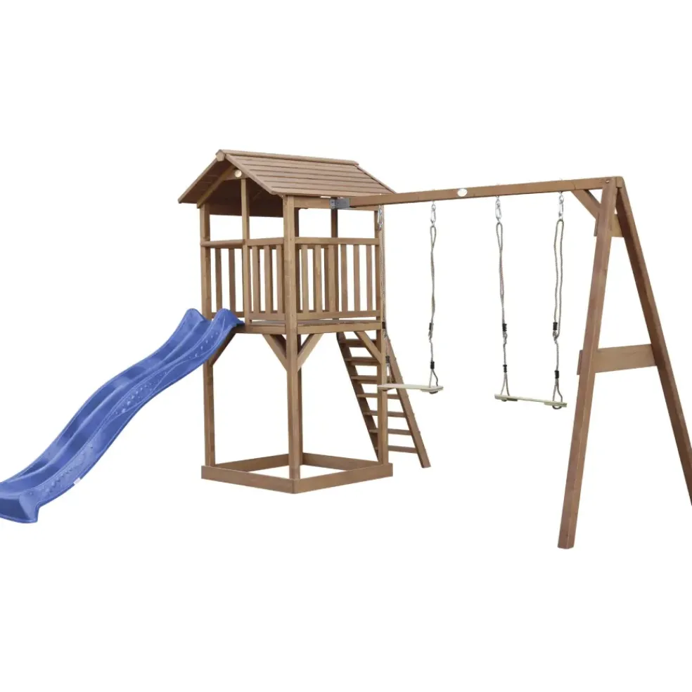 Aire de jeux en bois marron avec 2 balançoires et toboggan bleu Beach Tower Axi