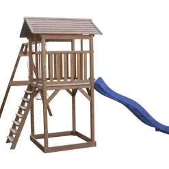 Aire de jeux en bois marron avec 2 balançoires et toboggan bleu Beach Tower Axi