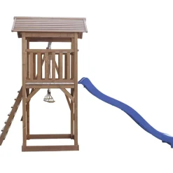 Aire de jeux en bois marron avec 2 balançoires et toboggan bleu Beach Tower Axi