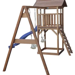 Aire de jeux en bois marron avec 2 balançoires et toboggan bleu Beach Tower Axi