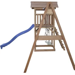 Aire de jeux en bois marron avec 2 balançoires et toboggan bleu Beach Tower Axi