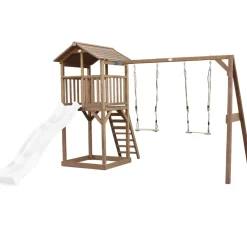 Aire de jeux en bois marron avec 2 balançoires et toboggan blanc Beach Tower Axi