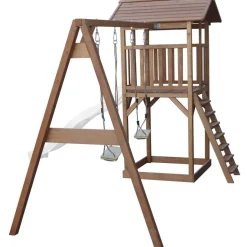 Aire de jeux en bois marron avec 2 balançoires et toboggan blanc Beach Tower Axi