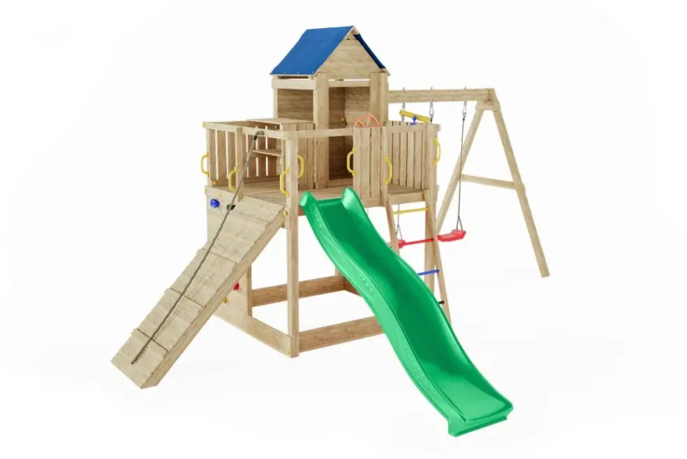 Aire de jeux en bois Treehouse spacieuse avec 2 balançoires de Fungoo