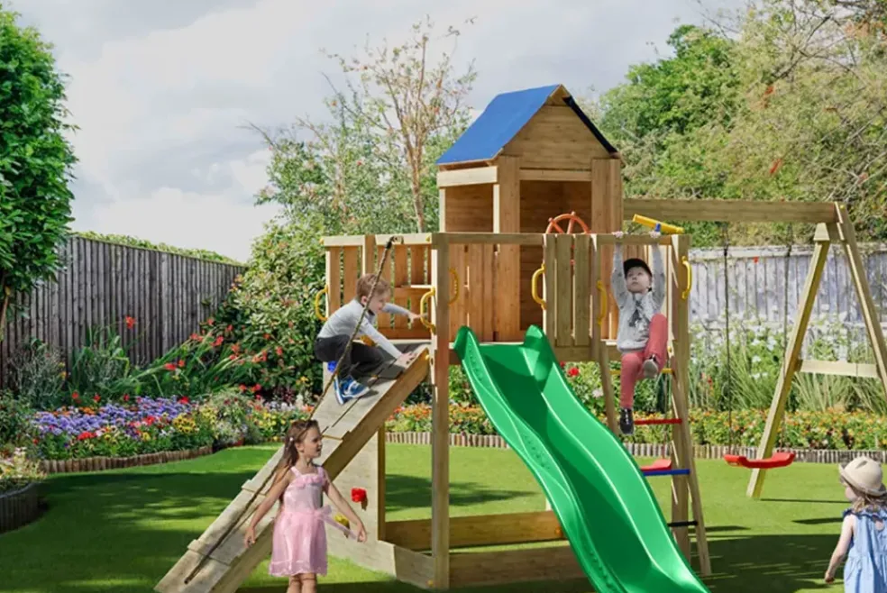 Aire de jeux en bois Treehouse spacieuse avec 2 balançoires de Fungoo