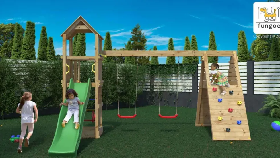 Aire de jeux Fleppi en bois avec toboggan et 2 balançoires de Fungoo
