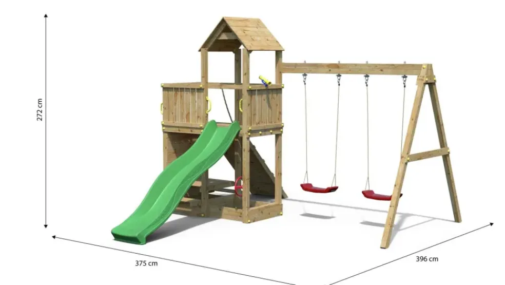 Aire de jeux Floppi en bois avec une table et 2 balançoires de Fungoo