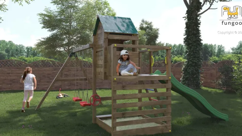 Aire de jeux Jarcas en bois avec cabane et 2 balançoires de Fungoo