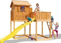 Aire de jeux Myside avec toboggan, cabane et terrasse de chez Fungoo
