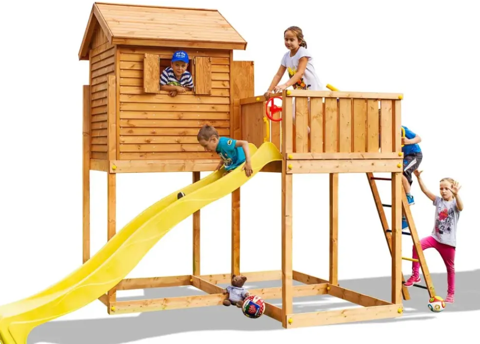 Aire de jeux Myside avec toboggan, cabane et terrasse de chez Fungoo