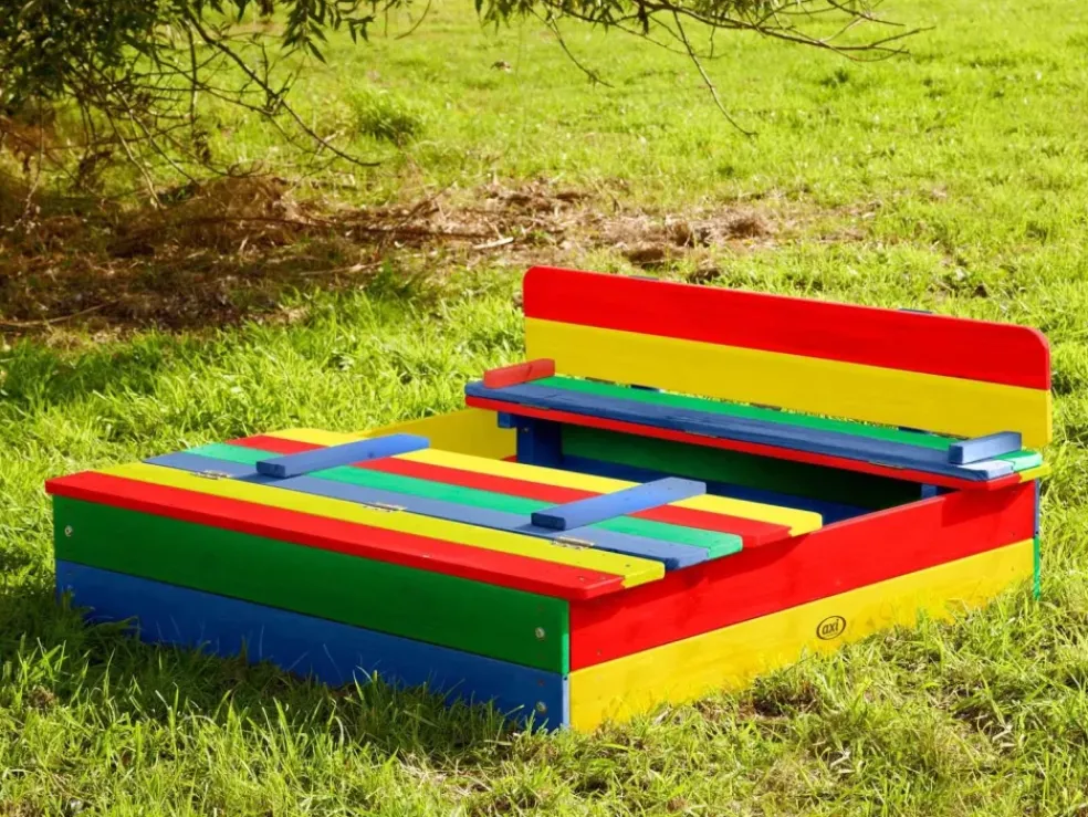 Bac à sable en bois multicolor avec couvercle et banc intégré Ella Axi
