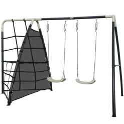 Balançoire double avec mur d'escalade en métal anthracite et crème Axi