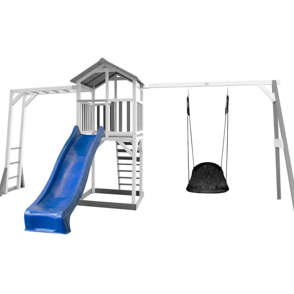 Beach Tower avec échelle de singe, 1 balançoire nid ovale et toboggan bleu