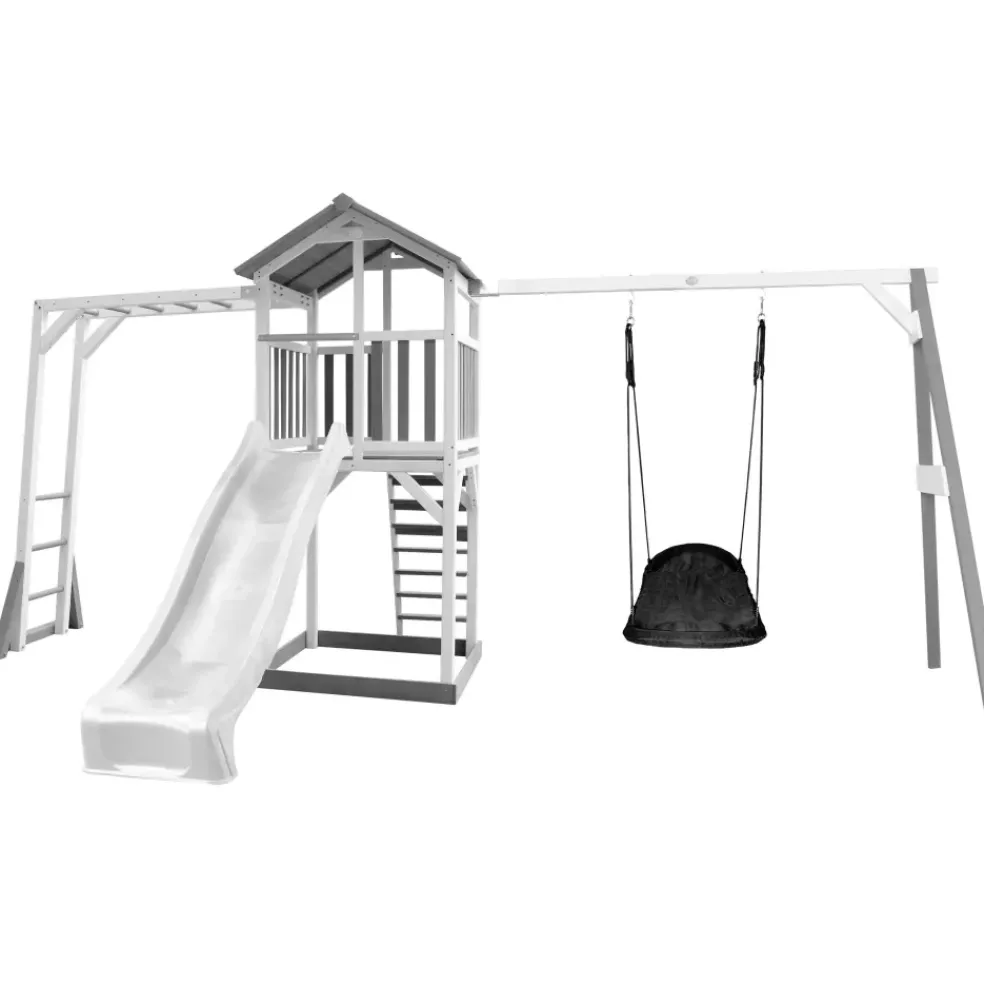 Beach Tower avec échelle de singe, 1 balançoire nid ovale et toboggan bleu