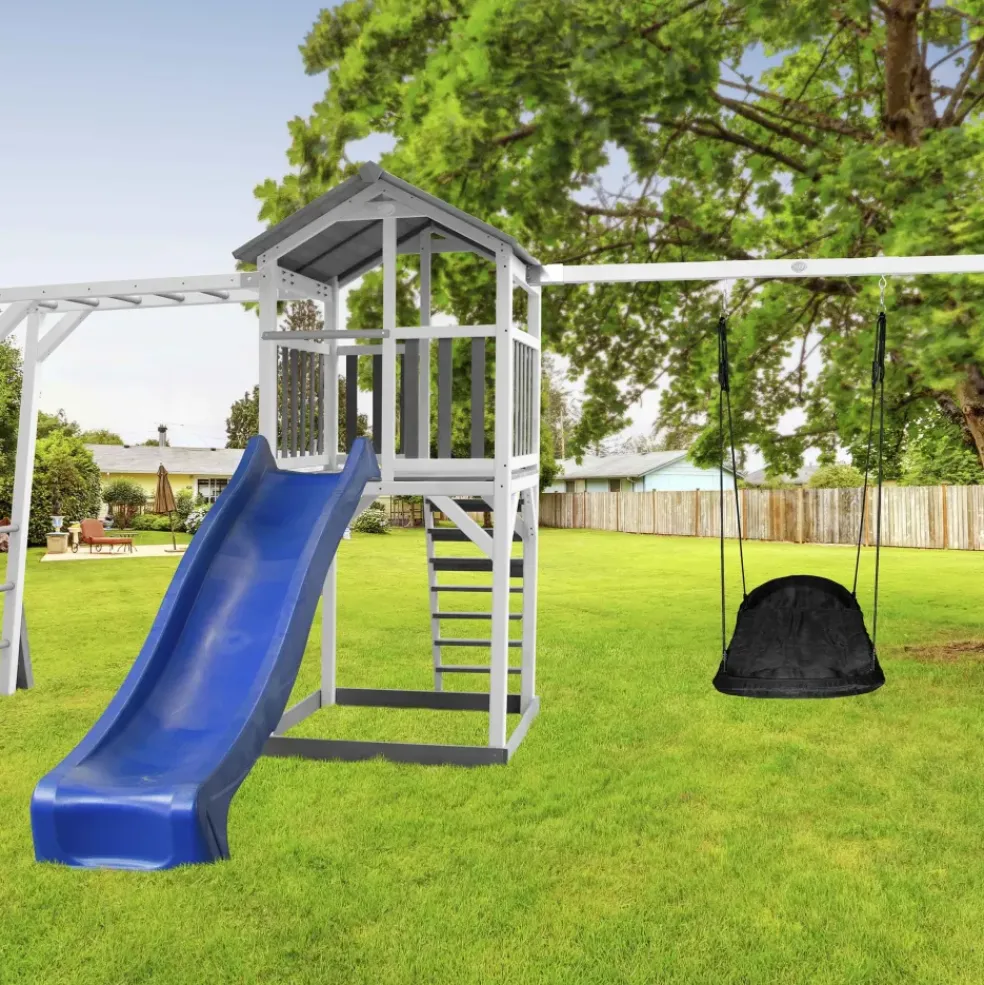 Beach Tower avec échelle de singe, 1 balançoire nid ovale et toboggan bleu