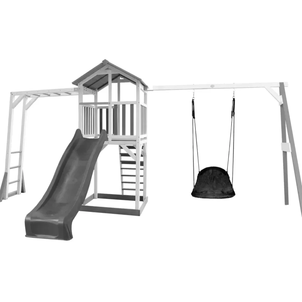 Beach Tower avec échelle de singe, 1 balançoire nid ovale et toboggan bleu