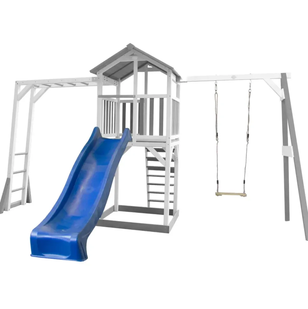 Beach Tower avec échelle de singe, 1 balançoire en bois et toboggan bleu