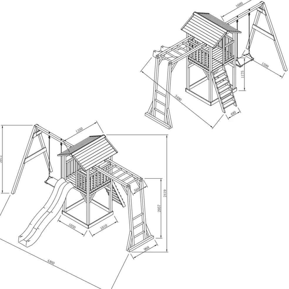 Beach Tower avec échelle de singe, 1 balançoire en bois et toboggan bleu