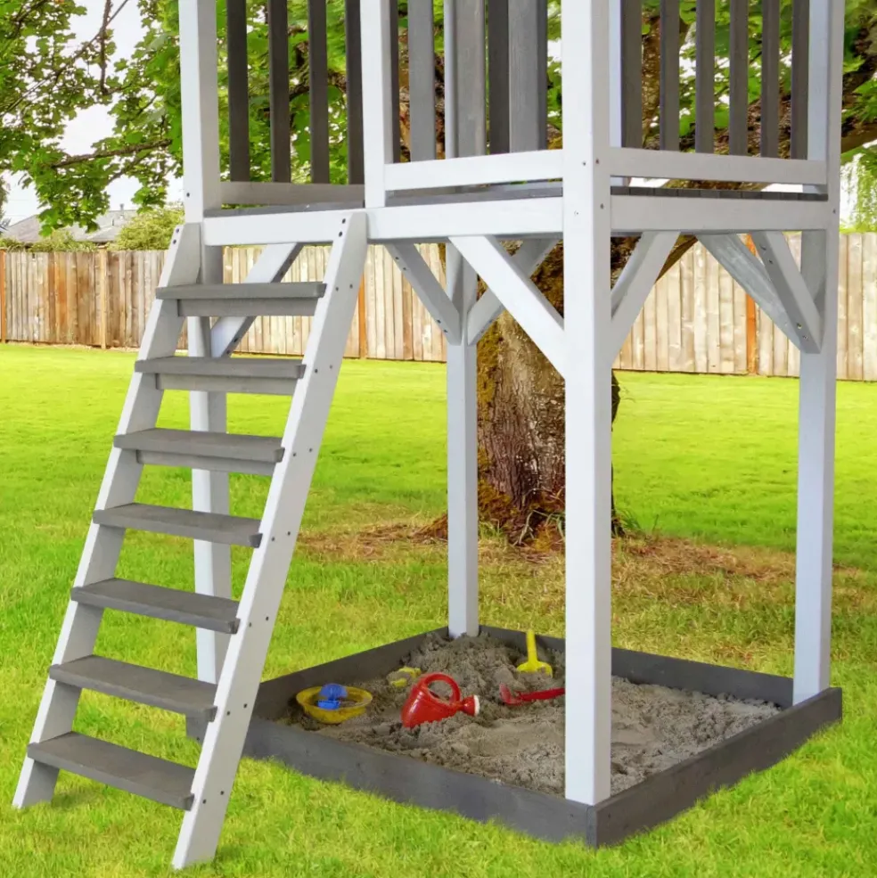 Beach Tower avec échelle de singe, 1 balançoire en bois et toboggan bleu