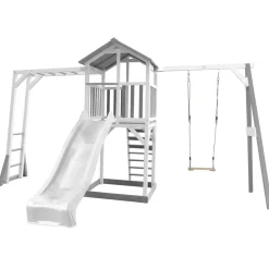 Beach Tower avec échelle de singe, 1 balançoire en bois et toboggan bleu