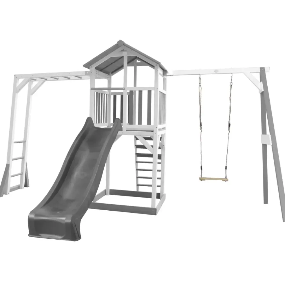 Beach Tower avec échelle de singe, 1 balançoire en bois et toboggan bleu