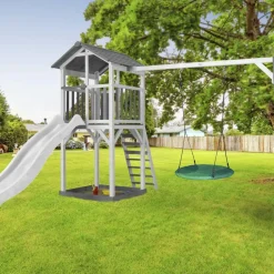 Beach Tower Axi - 1 balançoire nid rond et toboggan bleu
