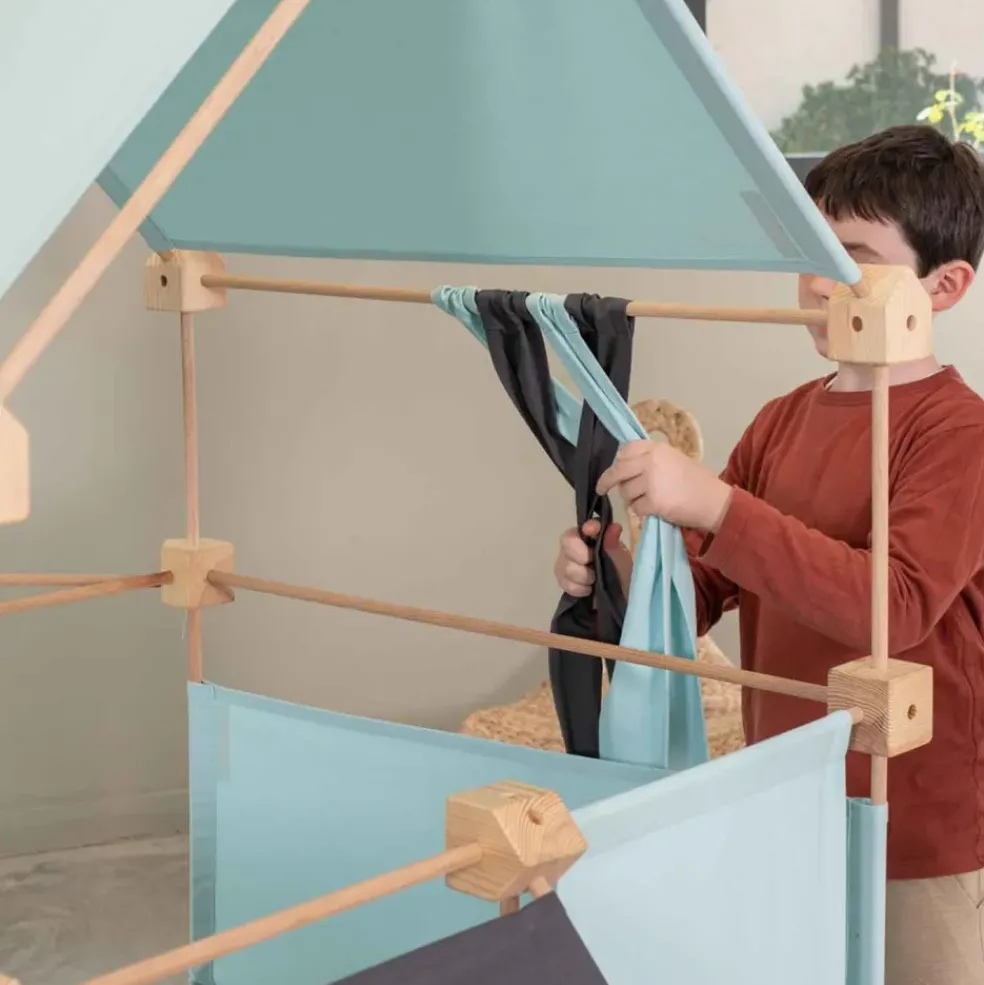 Jeu de construction géant en bois et tissu bleu bio fabriqué en Espagne Max Trigonos