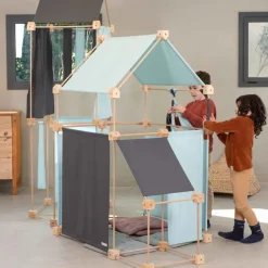 Jeu de construction géant en bois et tissu bleu bio fabriqué en Espagne Max Trigonos