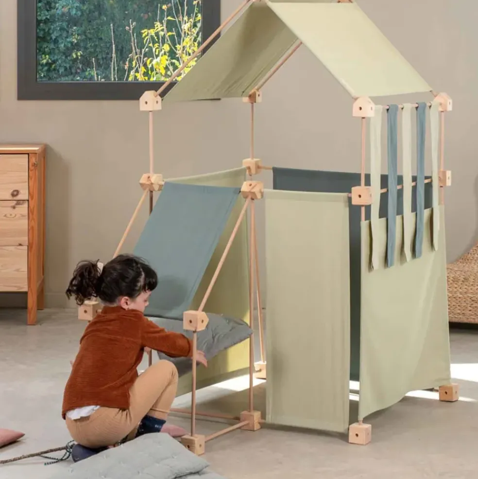 Jeu de construction géant en bois et tissu vert bio fabriqué en Espagne Family Trigonos