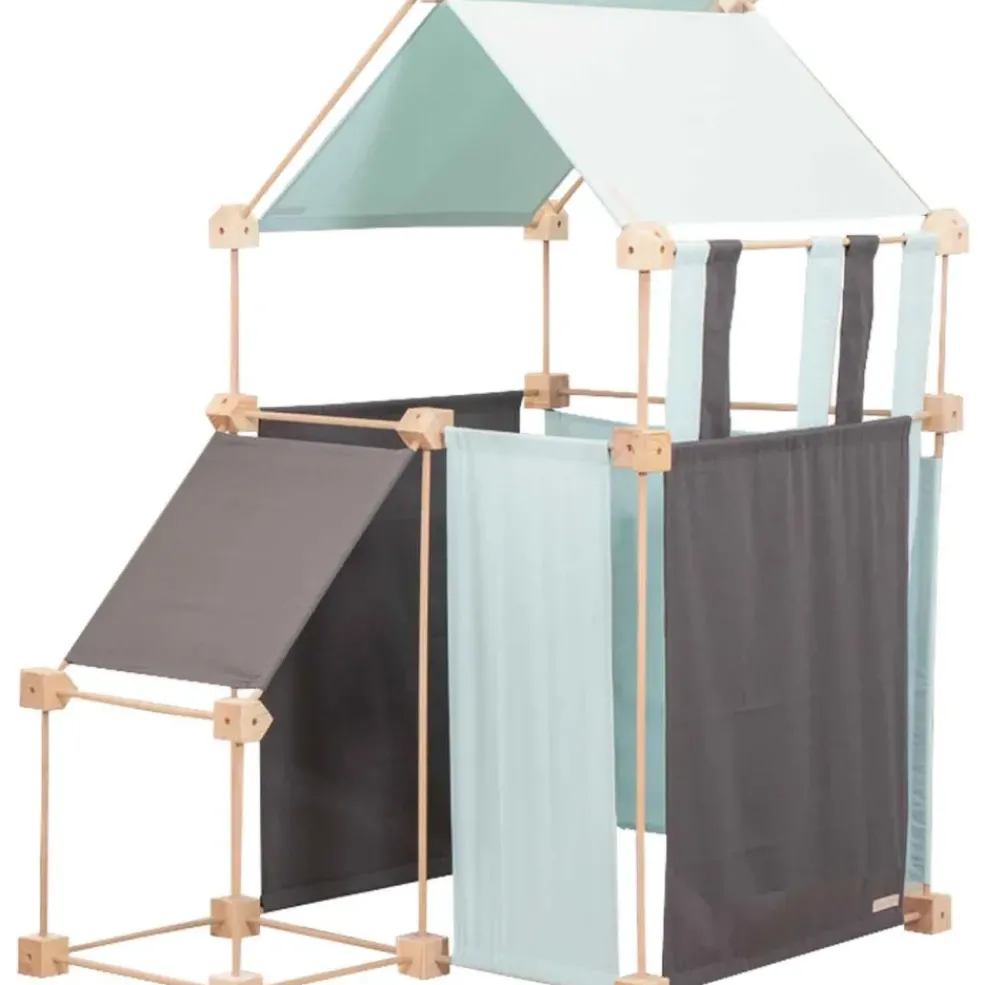 Jeu de construction géant en bois et tissu bleu bio fabriqué en Espagne Family Trigonos