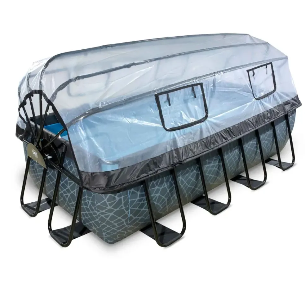 Piscine grise 400x200x100cm avec dôme et pompe filtrante sable EXIT