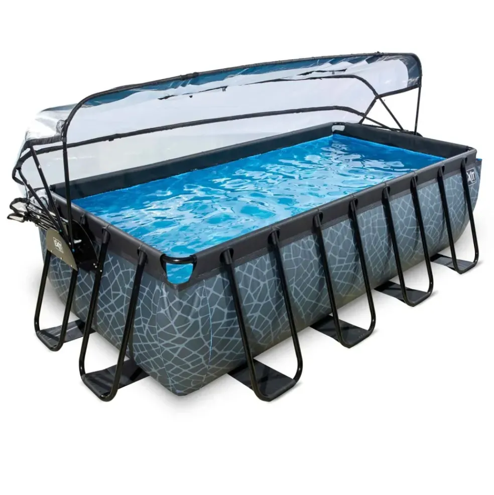 Piscine grise 400x200x100cm avec dôme et pompe filtrante sable EXIT