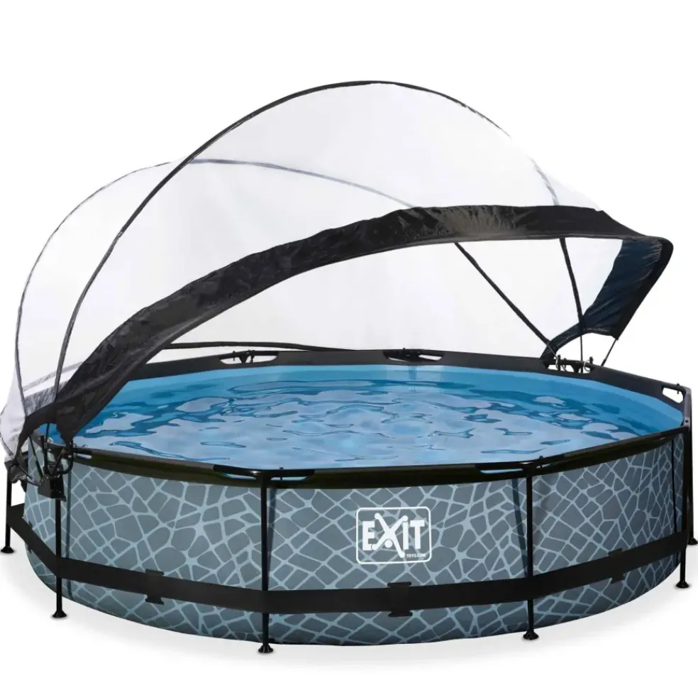 Piscine ronde grise 360 x 76 cm cm avec dôme et pompe filtrante EXIT