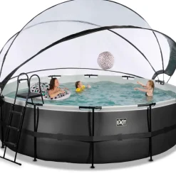 Piscine ronde grise 488x122cm avec dôme et pompe filtrante sable EXIT