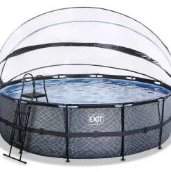 Piscine ronde grise 488x122cm avec dôme et pompe filtrante sable EXIT