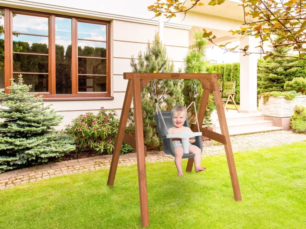 Portique, balançoire en bois brun et gris bébé de Axi