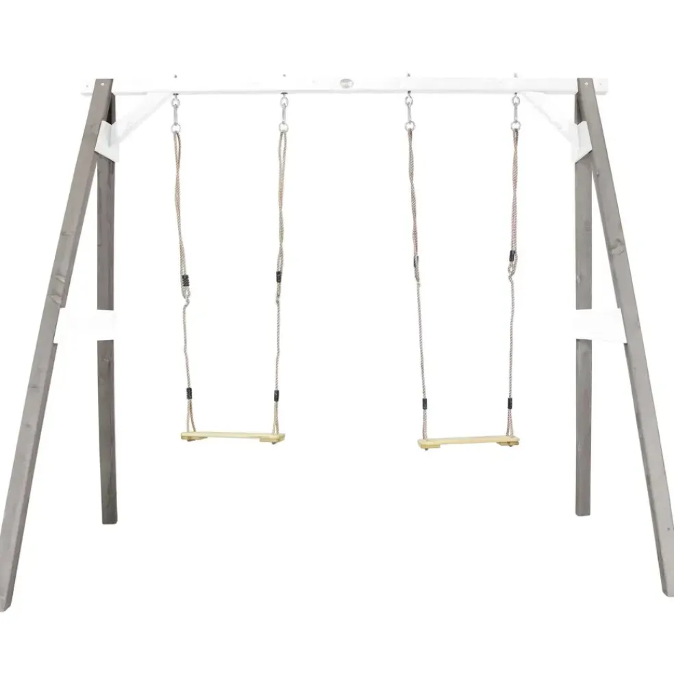 Portique double : 2 balançoires, en bois, gris/blanc Axi