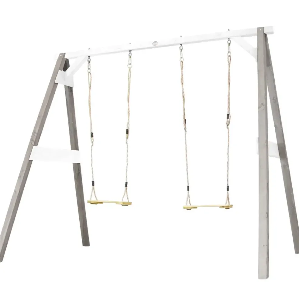 Portique double : 2 balançoires, en bois, gris/blanc Axi