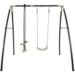 Portique en métal gris et blanc avec balançoire et siège face à face