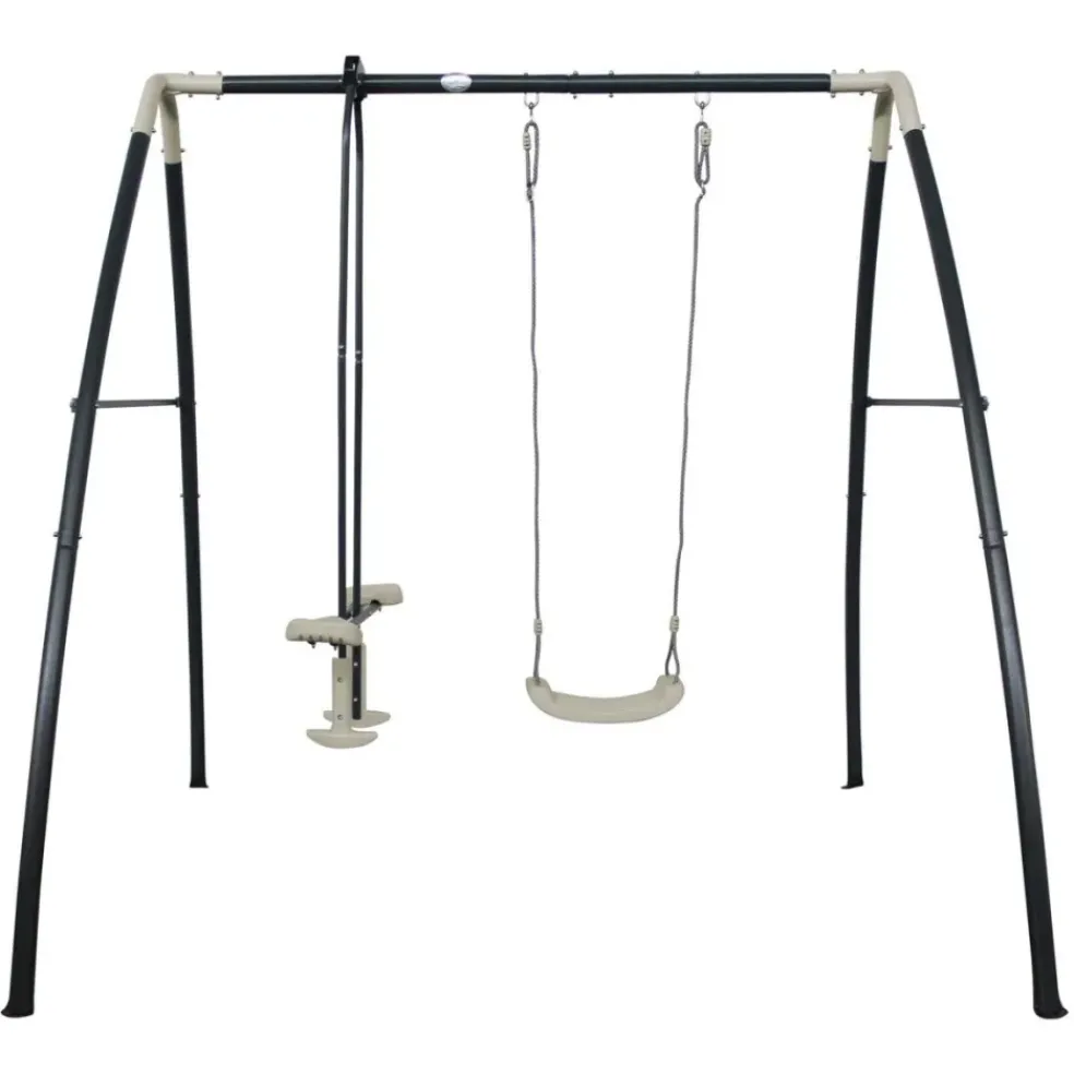 Portique en métal gris et blanc avec balançoire et siège face à face