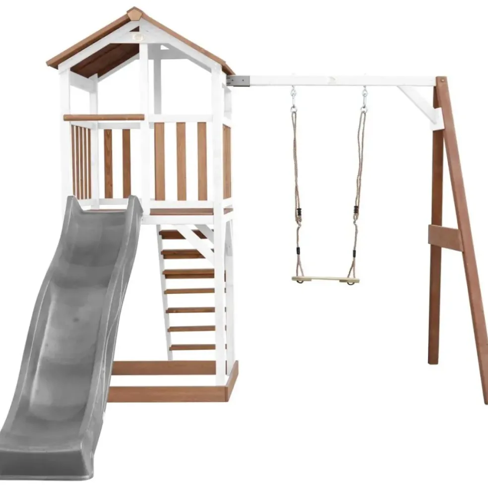 Tour Beach Tower en bois blanc/brun, toboggan et balançoire Axi