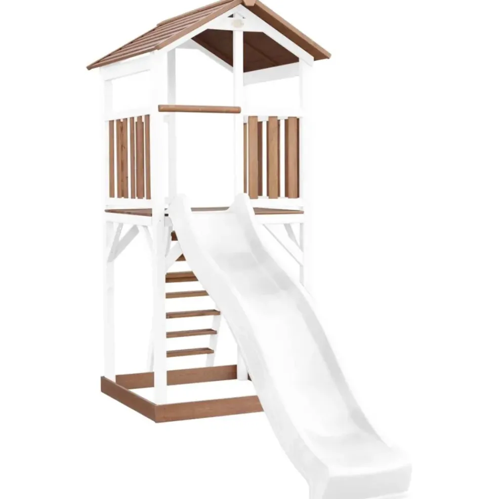 Tour de jeu en bois blanc et marron avec grand toboggan Beach Tower Axi